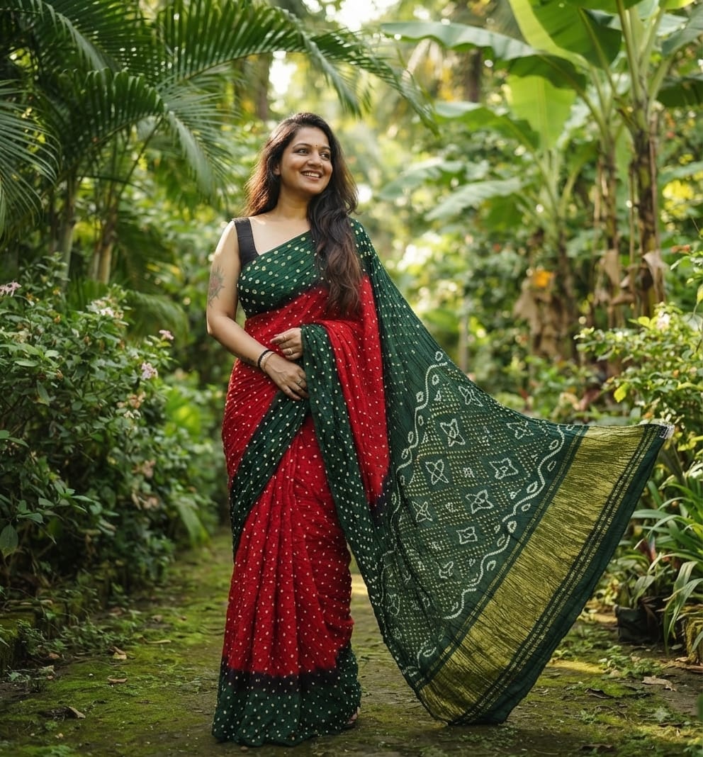 Modal Silk Bandhani Dark Red & Forest Green Saree with Lagdi Patta Special Pallu