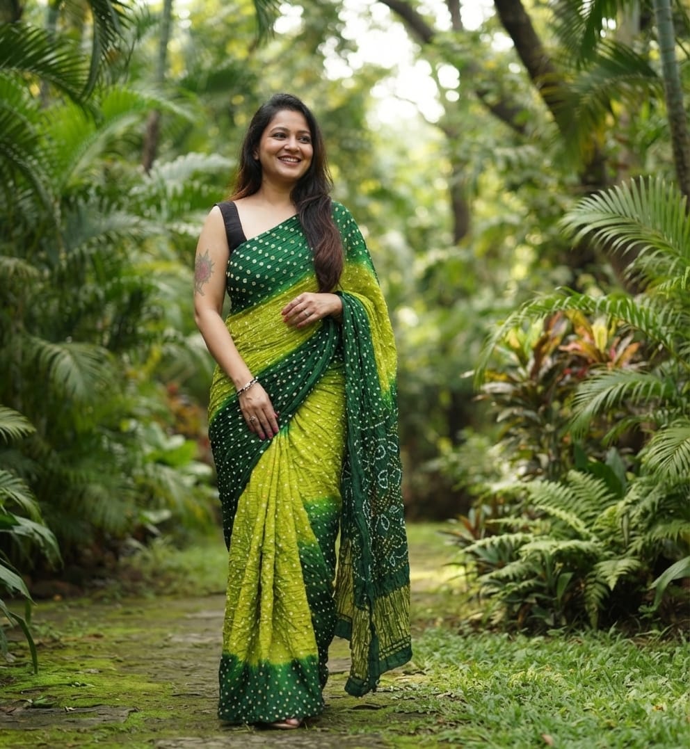 Modal Silk Bandhani Parrot Green & Forest Green Saree Lagdi Patta Special Pallu