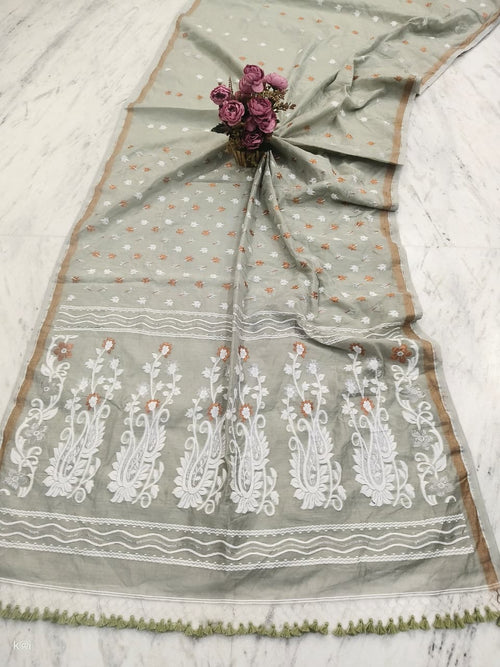 Premium Slate Grey Jamdani Saree with Woven Buttis, Floral Paisley Pallu & Tassel Border