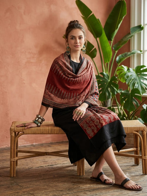 Handcrafted Silk Ajrakh Natural Stole in Red & Charcoal with & Motifs