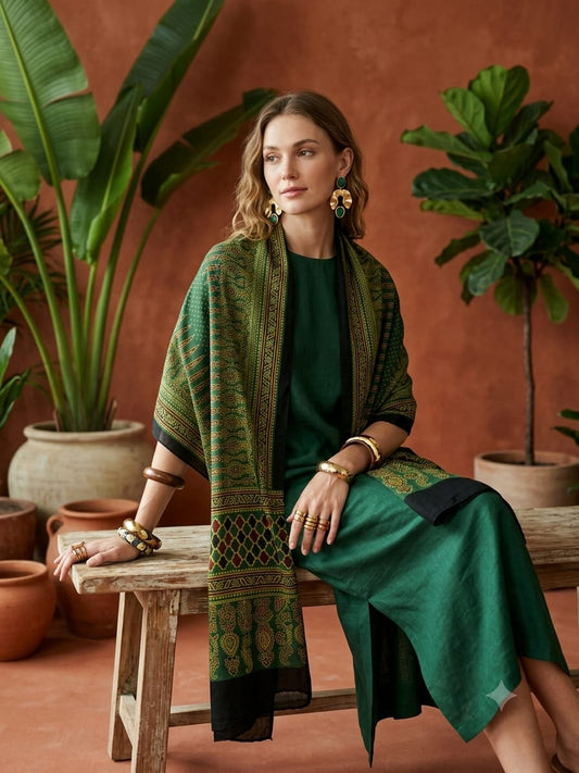 Handcrafted Silk Ajrakh Natural Stole in Olive Green & Black with Trellis & Paisley Motifs
