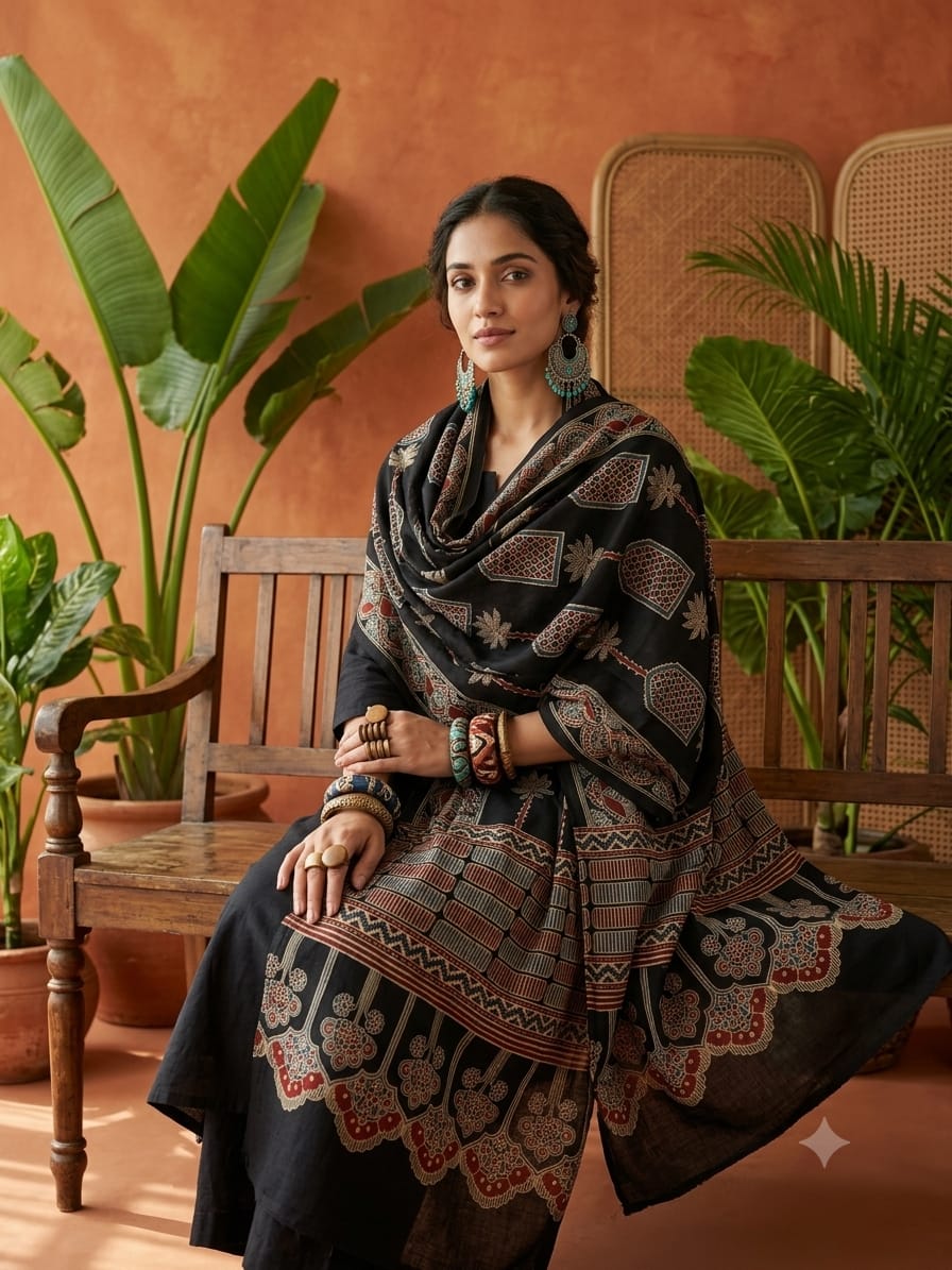 Handcrafted Silk Ajrakh Natural Stole in Midnight Black & Madder Red with Tree & Arch Motifs