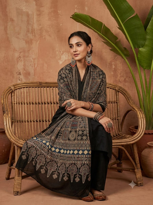 Handcrafted Silk Ajrakh Natural Stole in Black & Muted Gold with Lattice & Tree Border