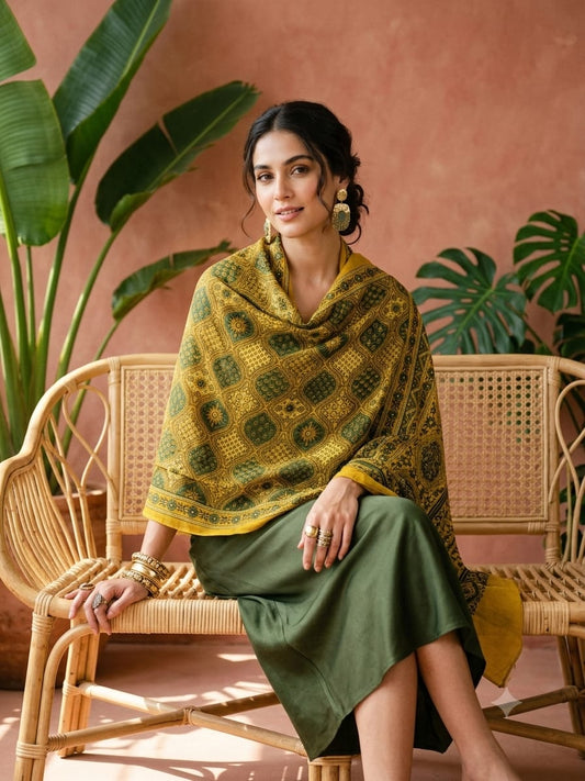 Handcrafted Silk Ajrakh Natural Dyed Stole in Mustard Yellow & Forest Green with & Floral