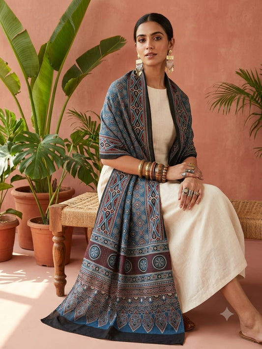 Handcrafted Silk Ajrakh Natural Stole in Indigo Blue & Charcoal with Motifs