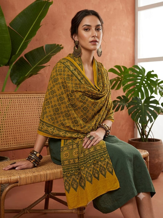 Handcrafted Silk Ajrakh Natural Stole in Mustard Yellow & Olive Green with & Medallions