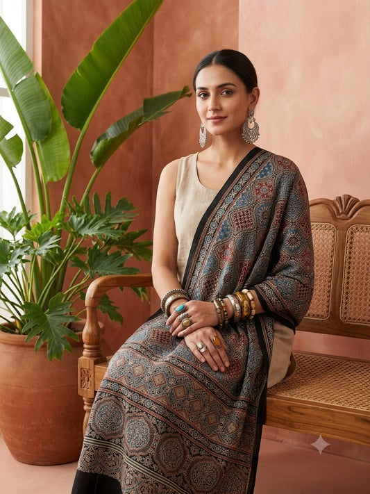 Handcrafted Silk Ajrakh Natural Stole in Muted Teal Blue & with Circular Medallion Lattice