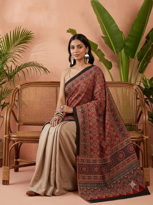 Handcrafted Silk Ajrakh Natural Stole in Maroon Red & Charcoal with Diamond Grid & Motifs