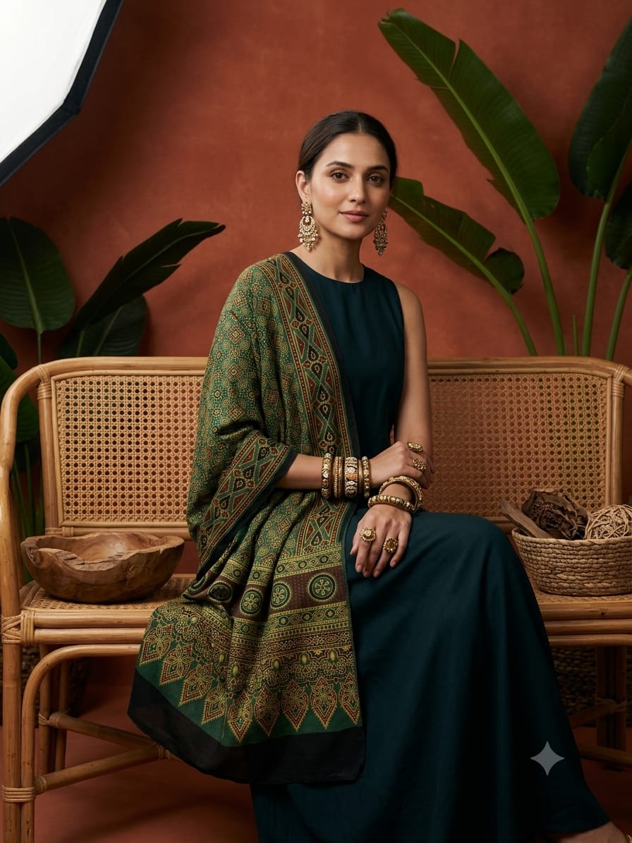 Handcrafted Silk Ajrakh Natural Stole in Green & Earthy Rust with Diamond Lattice