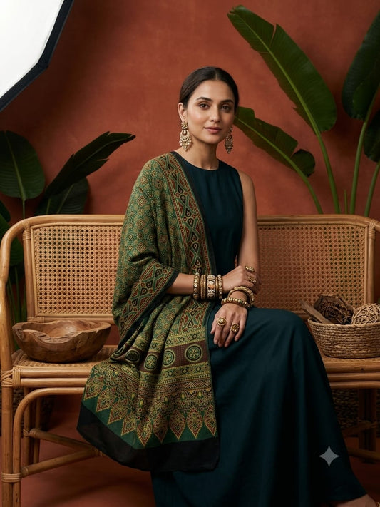 Handcrafted Silk Ajrakh Natural Stole in Green & Earthy Rust with Diamond Lattice