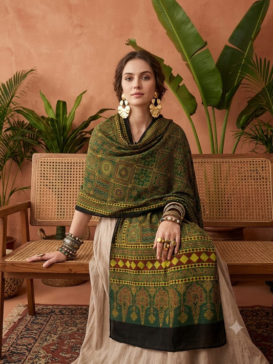 Handcrafted Silk Ajrakh Natural Stole in Green & Mustard with Chevron & Mandala Grids