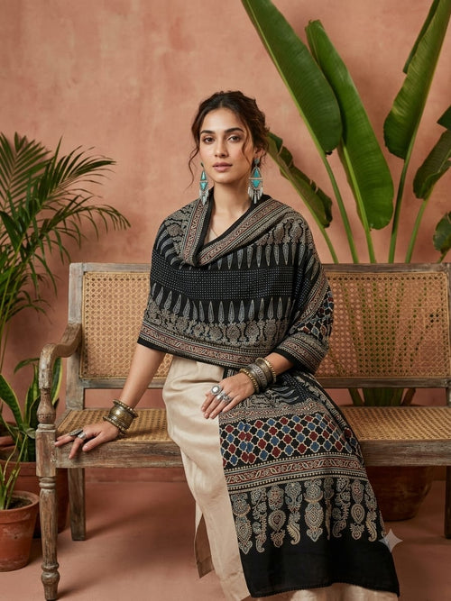 Handcrafted Silk Ajrakh Natural Stole in Black & Cream with Arch Motifs