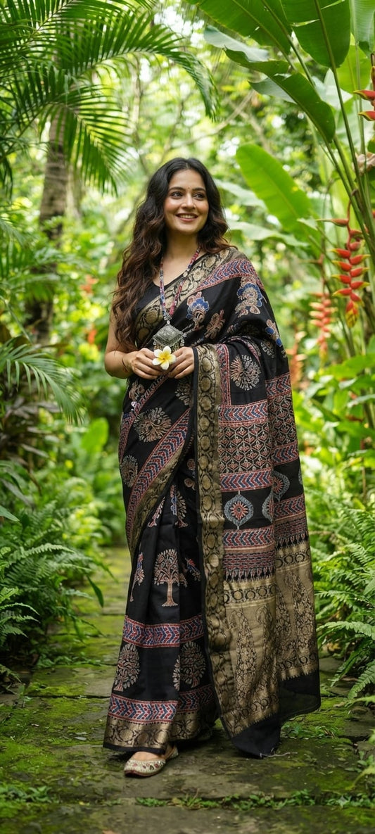 Pure Dola Silk Ajrakh Natural Hand Block Printed Saree in Midnight Black with Tree of Life Motifs & Woven Zari Border