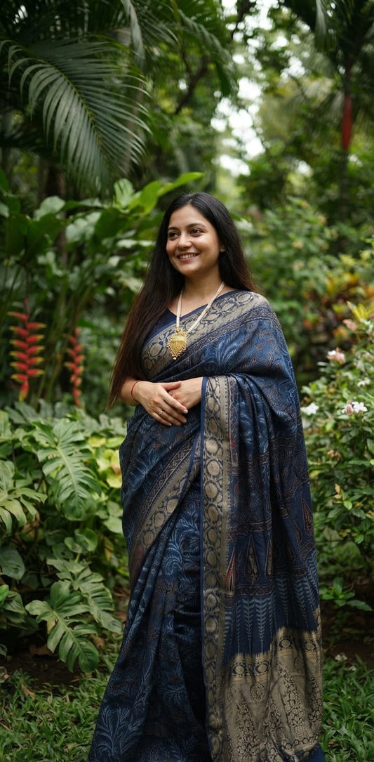 Pure Dola Silk Ajrakh Natural Hand Block Printed Saree in Deep Indigo Blue with Leafy Motifs & Woven Zari Border
