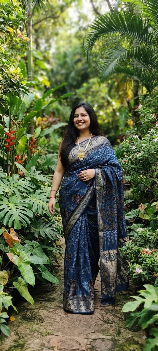 Pure Dola Silk Ajrakh Natural Hand Block Printed Saree in Royal Indigo Blue with Arch Motifs & Woven Gold Zari Border