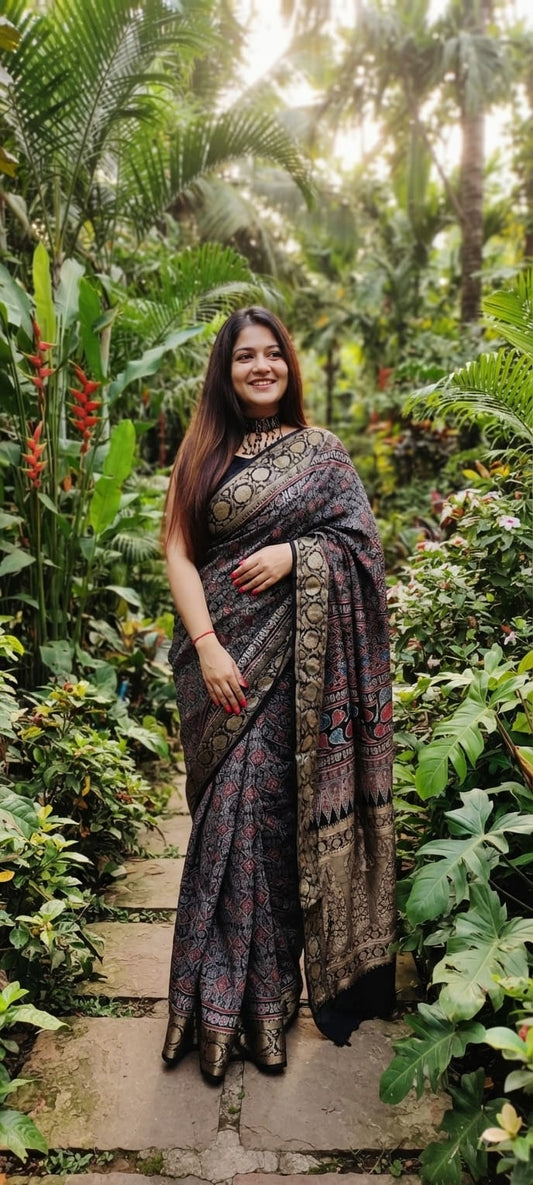 Pure Dola Silk Ajrakh Natural Hand Block Printed Saree in Charcoal Grey & Black with Geometric Diamond Motifs & Woven Gold Zari Border