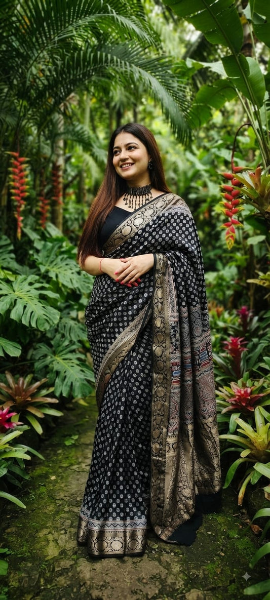 Pure Dola Silk Ajrakh Natural Hand Block Printed Saree in Midnight Black with &Woven Gold Zari Border