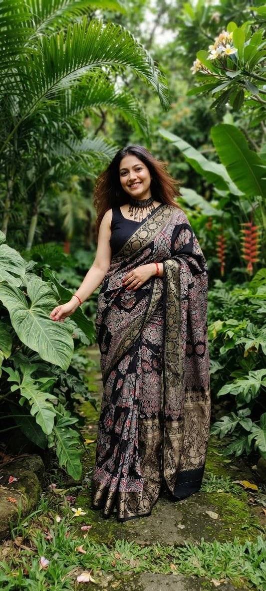 Pure Dola Silk Ajrakh Natural Hand Block Printed Saree in Jet Black with Peacock & Floral Jaal Motifs and Woven Zari Border