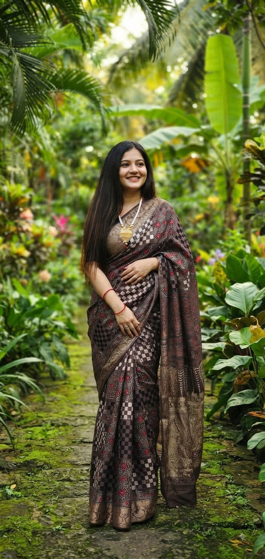 Pure Dola Silk Ajrakh Natural Hand Block Printed Saree in Coffee Brown & with Floral Diamond Motifs & Woven Zari Border