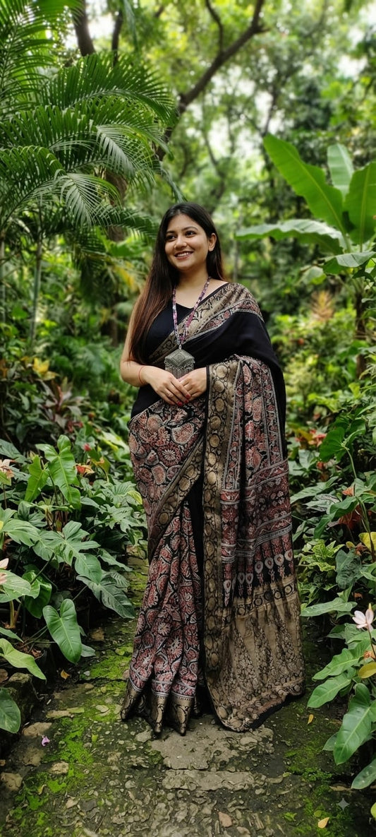 Pure Dola Silk Ajrakh Natural Hand Block Printed Saree in Black with Solid Body & Intricate Lower Skirt & Pallu
