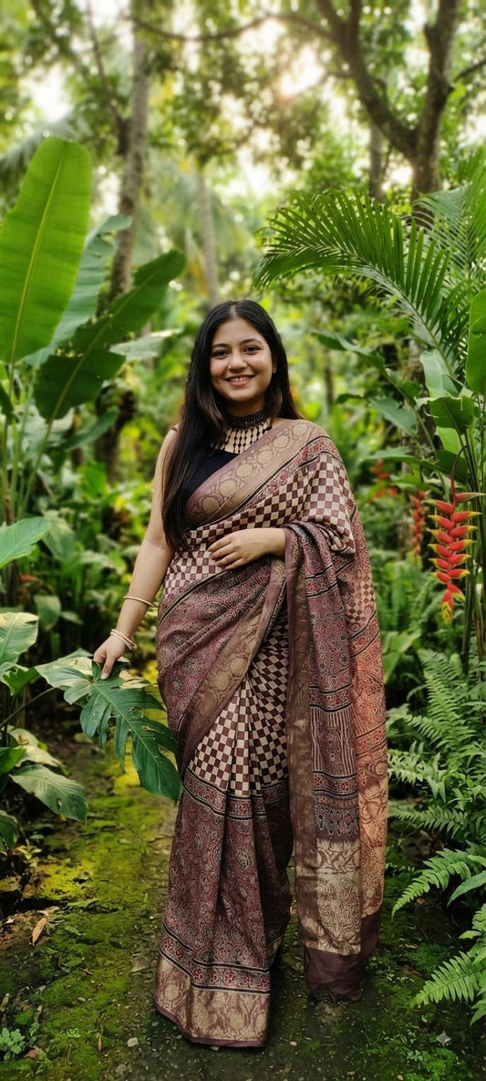 Pure Dola Silk Ajrakh Natural Hand Block Printed Saree in Soft Brown & Cream Checkerboard with Floral Border & Woven Gold Zari