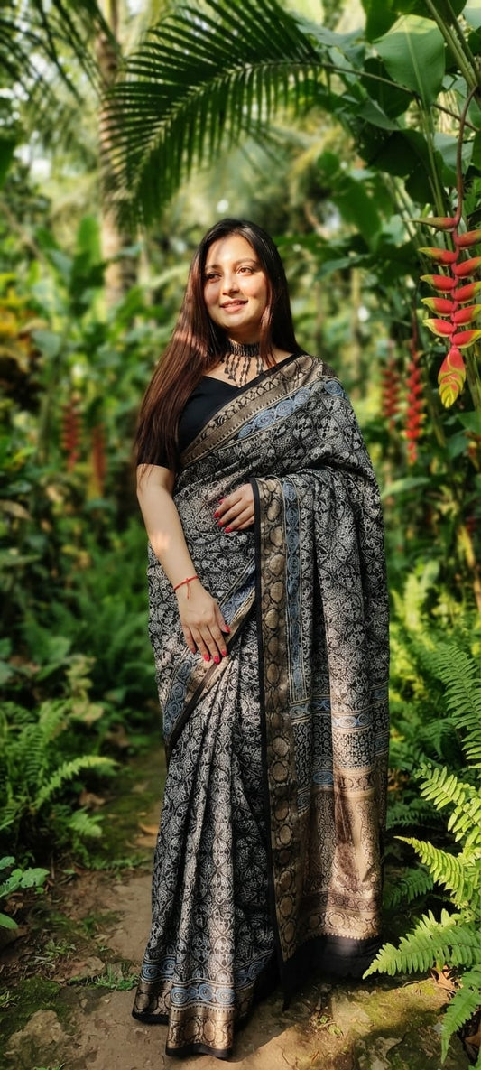 Pure Dola Silk Ajrakh Natural Hand Block Printed Saree in Charcoal Black & Indigo Floral Trellis Jaal with Woven  Zari Border