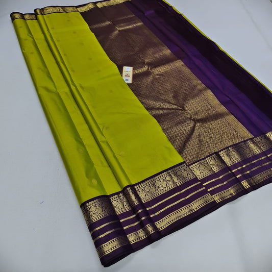Kanchipuram Silk Saree in Bright Lime Green & Deep Purple with Zari Border-Contrast Pallu