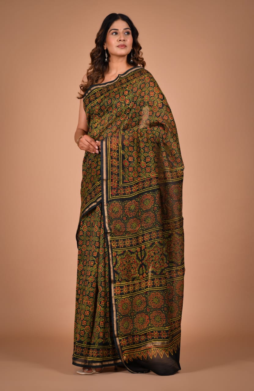 Hand Block Printed Black & Olive Chanderi Silk Cotton Saree with Motifs