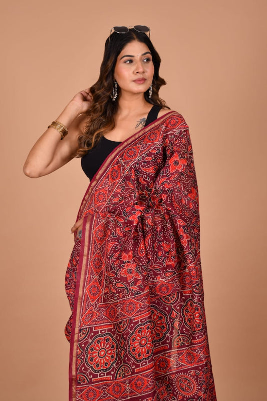 Hand Block Printed Maroon Chanderi Silk Cotton Saree with Motifs
