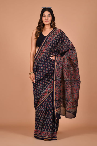 Hand Block Printed Navy Blue ]Chanderi Silk Cotton Saree with Motifs