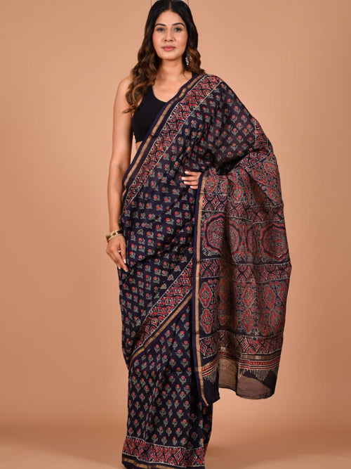 Hand Block Printed Navy Blue ]Chanderi Silk Cotton Saree with Motifs
