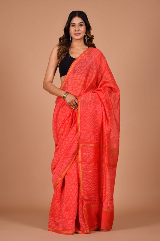 Hand Block Printed Bright Pink Chanderi Silk Cotton Saree