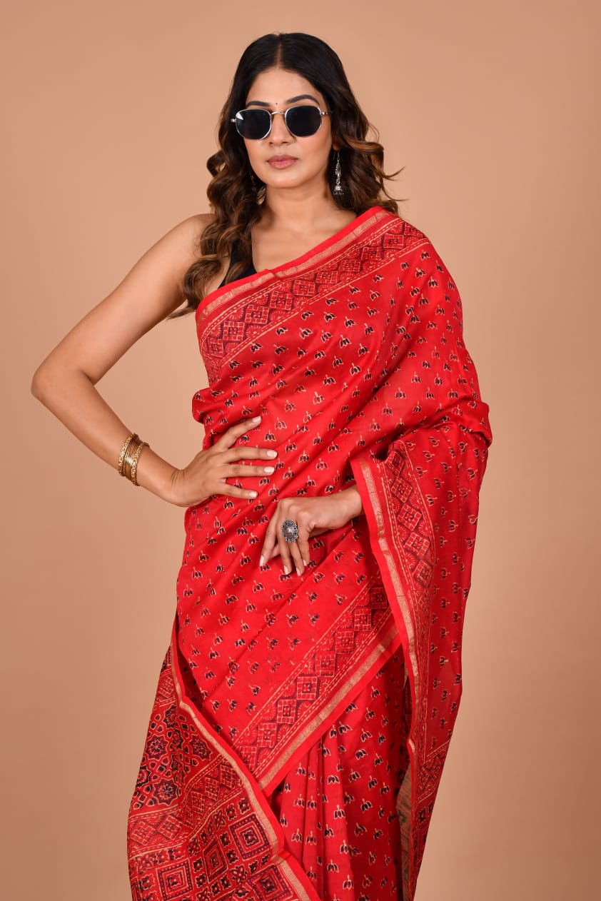Hand Block Printed Bright Red Chanderi Silk Cotton Saree with Motifs