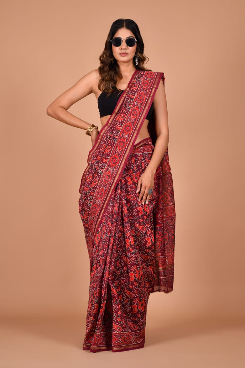 Hand Block Printed Maroon Chanderi Silk Cotton Saree with Motifs