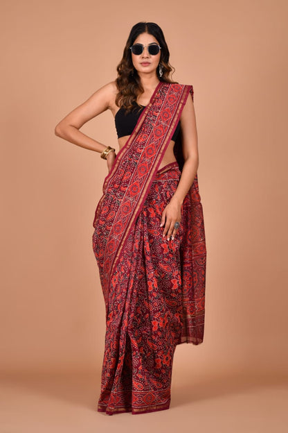 Hand Block Printed Maroon Chanderi Silk Cotton Saree with Motifs