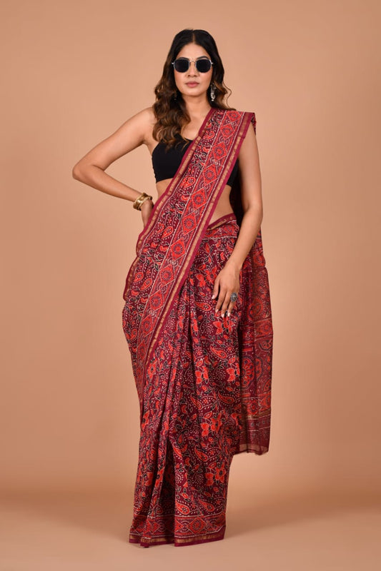 Hand Block Printed Maroon Chanderi Silk Cotton Saree with Motifs