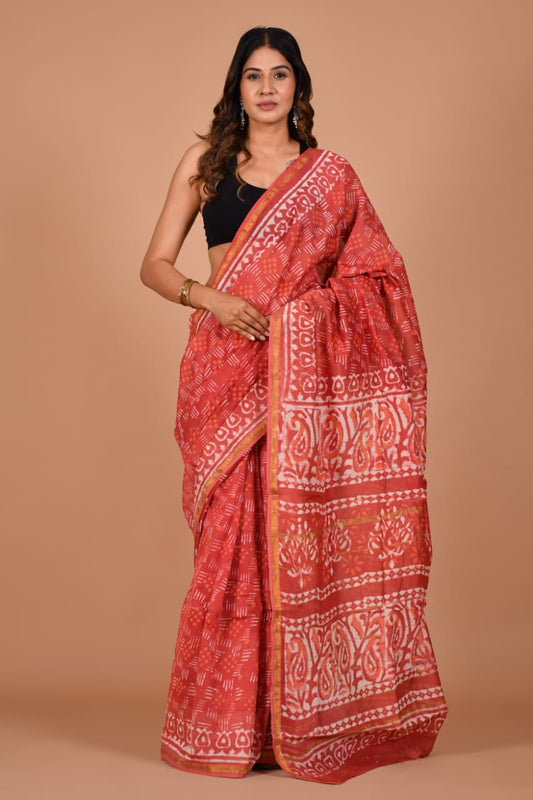 Hand Block Printed Crimson Red Chanderi Silk Cotton Saree with Motifs