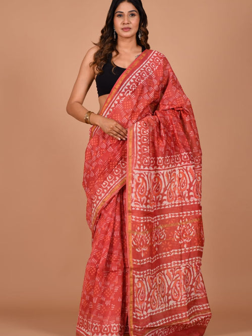 Hand Block Printed Crimson Red Chanderi Silk Cotton Saree with Motifs