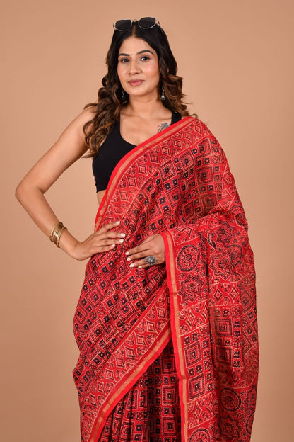 Hand Block Printed Crimson Red Chanderi Silk Cotton Saree with Motifs