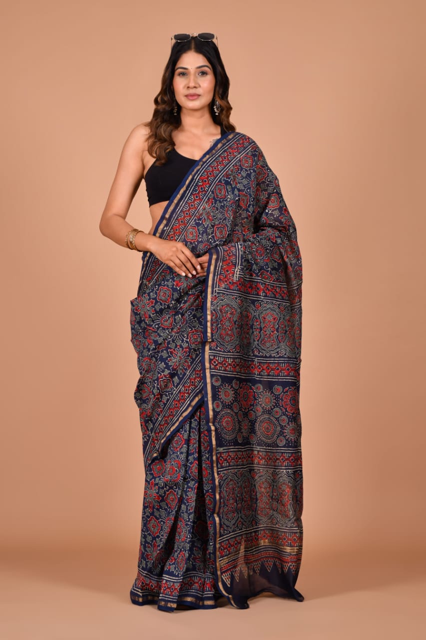 Hand Block Printed Navy Blue & Crimson Chanderi Silk Cotton Saree with Motifs