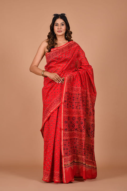Hand Block Printed Bright Red Chanderi Silk Cotton Saree with Motifs
