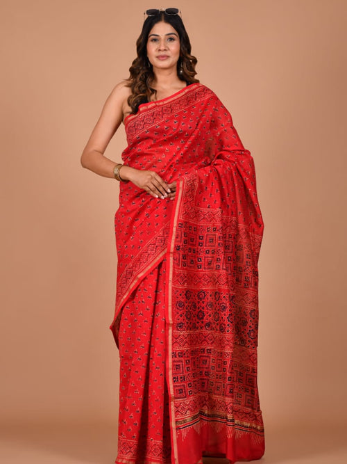 Hand Block Printed Bright Red Chanderi Silk Cotton Saree with Motifs
