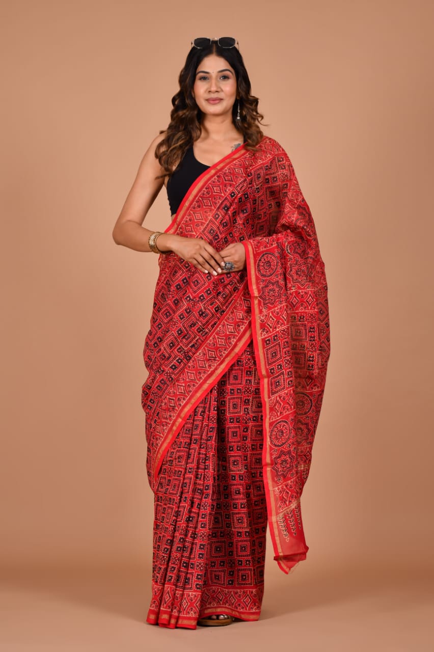 Hand Block Printed Crimson Red Chanderi Silk Cotton Saree with Motifs