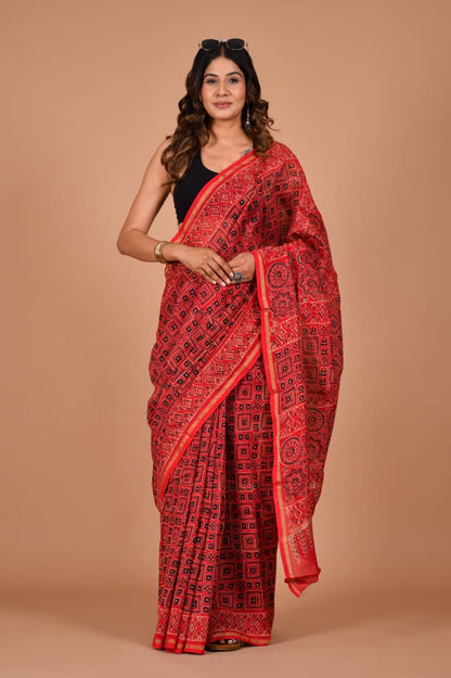 Hand Block Printed Crimson Red Chanderi Silk Cotton Saree with Motifs