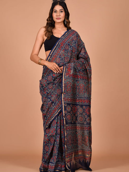 Hand Block Printed Navy Blue & Crimson Chanderi Silk Cotton Saree with Motifs