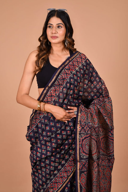 Hand Block Printed Deep Purple Chanderi Silk Cotton Saree with Motifs