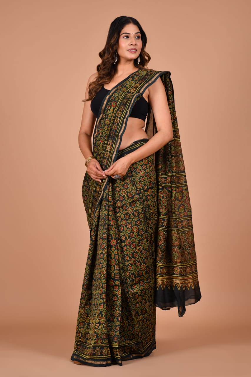 Hand Block Printed Black & Olive Chanderi Silk Cotton Saree with Motifs