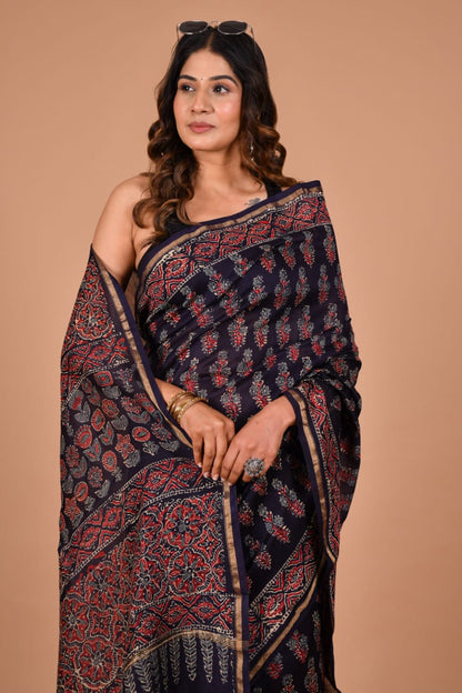 Hand Block Printed Deep Purple Chanderi Silk Cotton Saree with Motifs