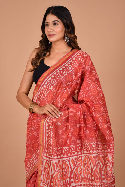 Hand Block Printed Crimson Red Chanderi Silk Cotton Saree with Motifs