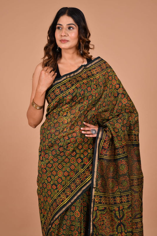 Hand Block Printed Black & Olive Chanderi Silk Cotton Saree with Motifs